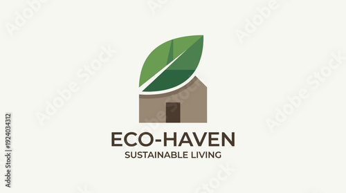 This logo representing sustainable living features a house and a green leaf, symbolizing eco-friendly practices and modern concepts of living harmoniously with nature.