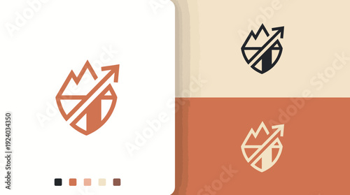 A unique shield logo design featuring mountains and an upward arrow, symbolizing protection, achievement, and the aspiration for progress in a bold, modern style.