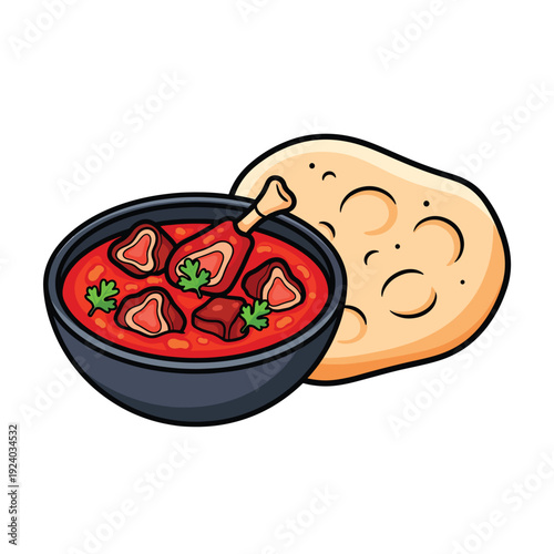 A bowl of red stew with meat and bread on the side, viewed from above, ready for consumption.