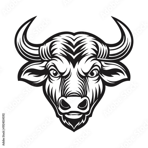 Powerful bull showcases bold black design with prominent horns on a white backdrop