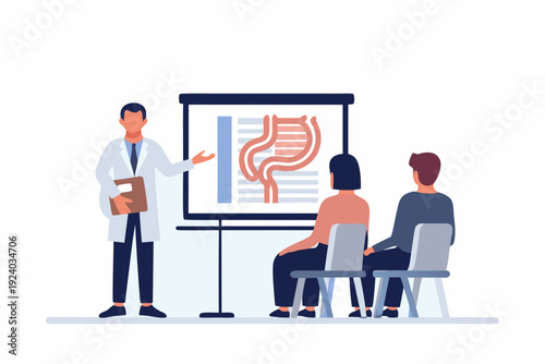 Doctor presenting an anatomical illustration of the human digestive system