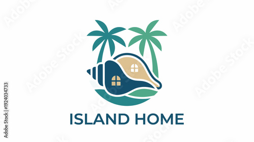 This logo combines a tropical island theme with a seashell and palm trees representing relaxation and vacation homes, ideal for real estate or tourism.