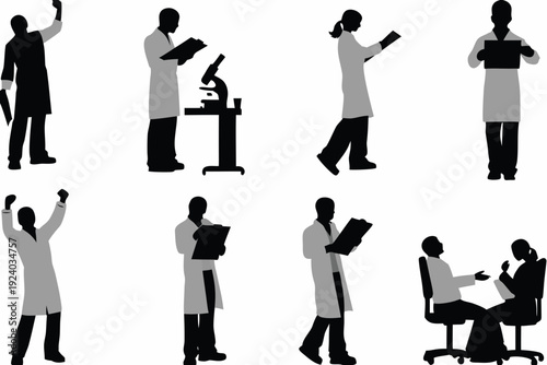 Silhouettes of medical professionals engaged in various healthcare activities