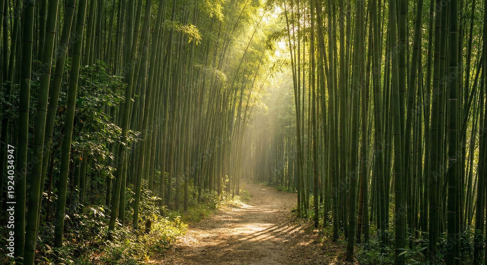 Fototapeta premium Morning sunlight rays shining through misty forest trees along a peaceful woodland path
