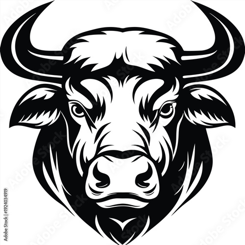 Powerful bull showcases bold black design with prominent horns on a white backdrop