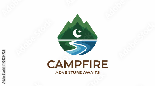 This logo presents a striking design of mountains lit by a crescent moon and a flowing river, symbolizing adventure, peace, and connection with nature for outdoor brands.