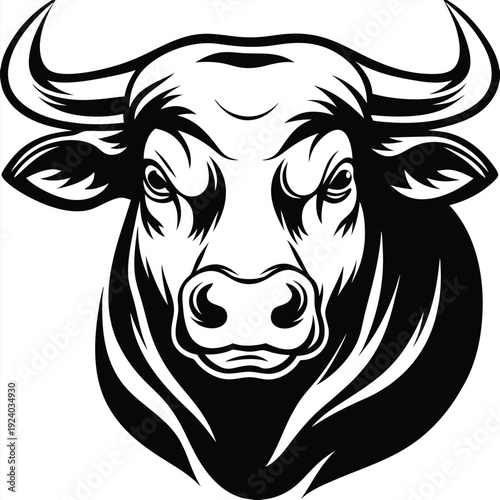 Powerful bull showcases bold black design with prominent horns on a white backdrop