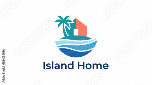A bright logo featuring a tropical island home with palm trees and waves, symbolizing relaxation, adventure, and the spirit of island living for those who seek a tranquil escape.