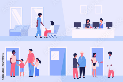 A busy hospital waiting room and entrance area with people and staff