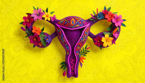 Neon violet female uterus made of wool and flowers, pop art style on a vibrant yellow background, bohemian surreal concept, bold and playful contemporary artwork