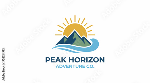 An adventurous logo featuring a sunlit mountain range and ocean waves, representing exploration, excitement, and the great outdoors for travel and adventure companies.