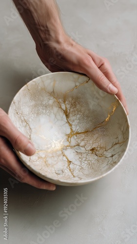 Elegant kintsugi bowl with gold repairs, celebrating wabi sabi aesthetics and the beauty of imperfection in modern, minimalist decor