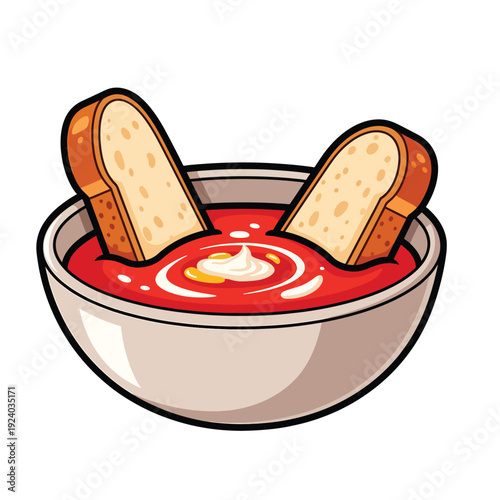 Illustration of a bowl of tomato soup with breadsticks, a comforting meal, viewed from above
