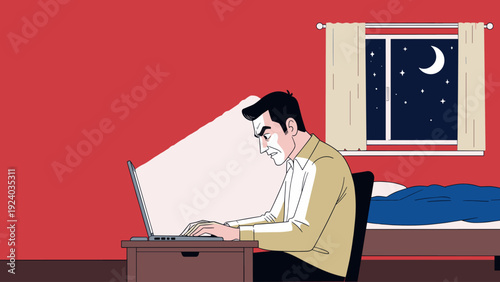 Man Working Late at Night on Laptop in Bedroom Vector Illustration