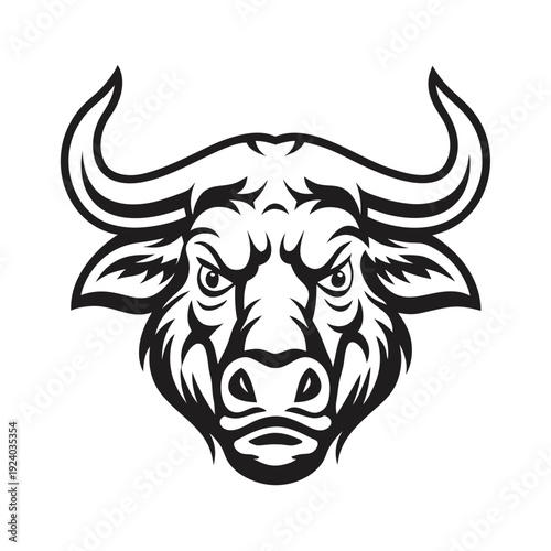 Powerful bull showcases bold black design with prominent horns on a white backdrop