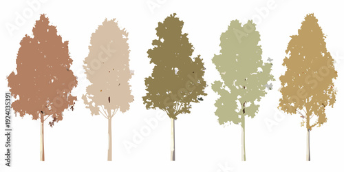 Five stylized trees in varying autumnal shades isolated on white