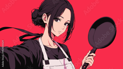 Stylish Young Woman Chef Holding Frying Pan Illustration