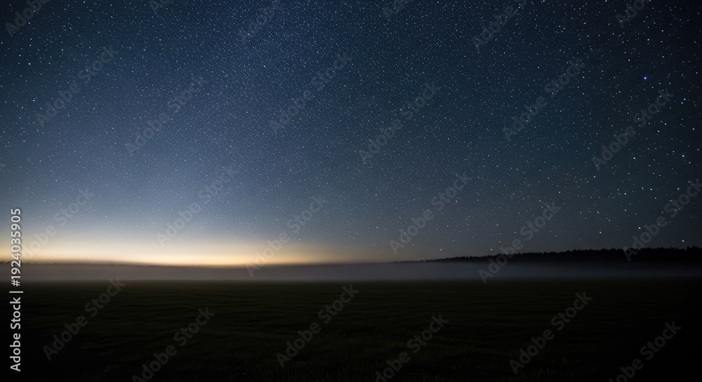 Fototapeta premium Starry-night-sky-during-twilight-over-serene-horizon-with-milky-way-galaxy-and-diffused-earthlight-reflection-on-mist-covered-landscape