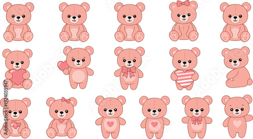Cute watercolor pink teddy bears collection baby girl with hearts bows and adorable poses nursery illustration set
