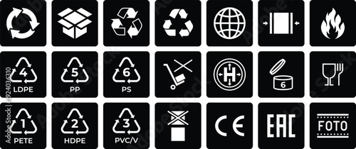Professional set of 21 white industrial packaging and compliance icons on black squares, featuring recycling codes, CE marks, and fragile material symbols.
