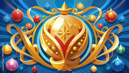 Golden emblem with ornaments on blue art