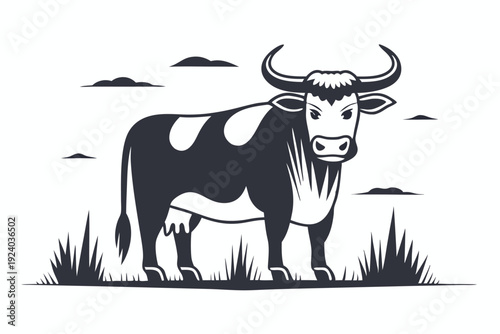 Monochrome art presents a large spotted cow standing confidently on grassy ground