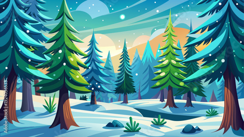 Winter landscape with coniferous trees