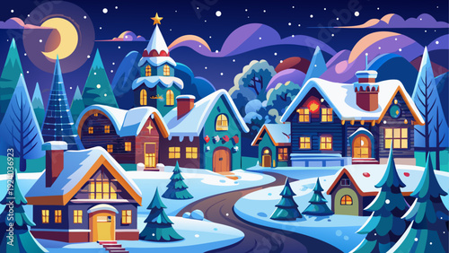 Winter village scene at nighttime artwork