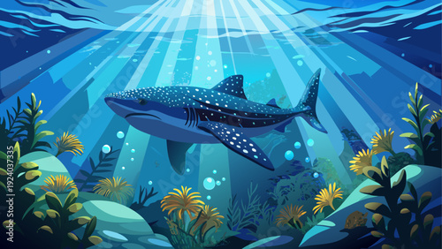 Whale shark swimming underwater with plants