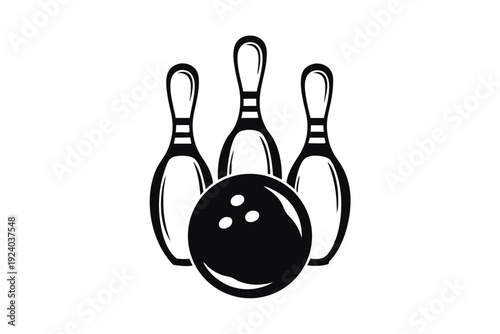 Black and white bowling ball ready to strike five pins arranged neatly