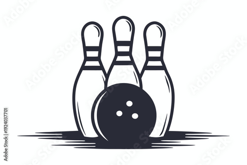 Black and white bowling ball ready to strike five pins arranged neatly