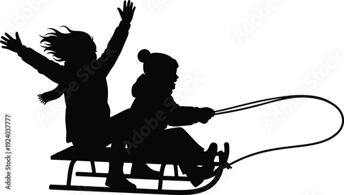Black silhouette of two children riding a sled kids