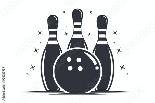 Black and white bowling ball ready to strike five pins arranged neatly