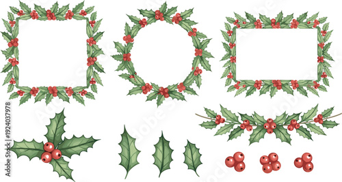 Christmas holly berry vector frame set featuring circular and square wreaths with red berries and green leaves for holiday invitations and seasonal borders.