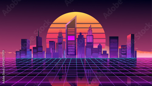 Retro city skyline with grid and sunset