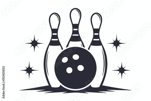 Black and white bowling ball ready to strike five pins arranged neatly