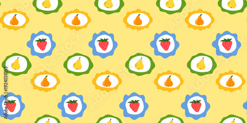 Cartoon Fruit Seamless Pattern Background. Vibrant Retro Wrapping Paper Print. Colorful Party Wallpaper Design. Fashionable Bold Textile Print. Funny and Positive Festive Fabric. Happy Holiday Art