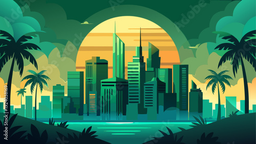 City skyline with palm trees at sunset time