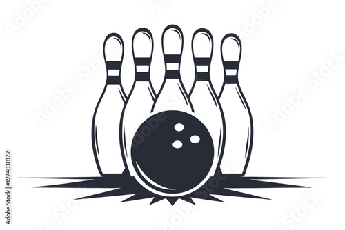Black and white bowling ball ready to strike five pins arranged neatly