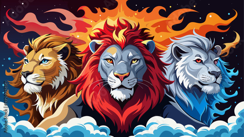 Three lions with fire and cloud design