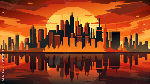 Cityscape silhouette at sunset reflection