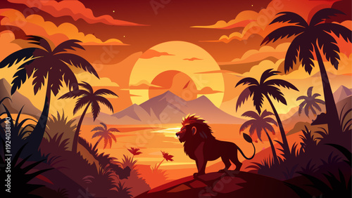 Lion standing at sunset with palm trees