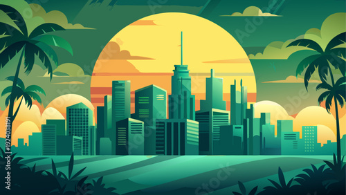 Cityscape with palm trees and large sun