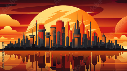 Cityscape silhouette against sunset glow