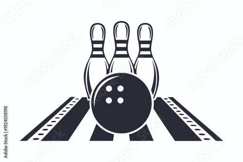 Black and white bowling ball ready to strike five pins arranged neatly