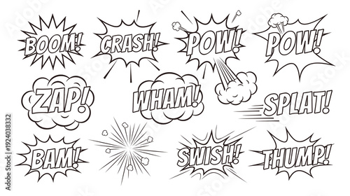 A collection of comic book sound effects in black and white