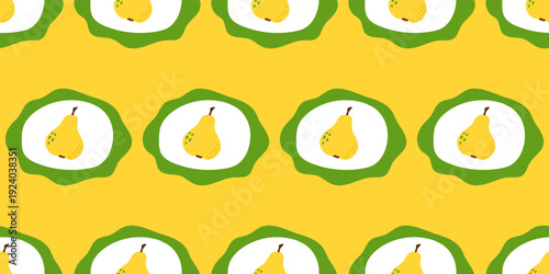 Cartoon Pear Fruit Seamless Pattern Background. Vibrant Retro Wrapping Paper Print. Colorful Party Wallpaper Design. Fashionable Bold Textile Print. Funny Positive Festive Fabric. Happy Holiday Art