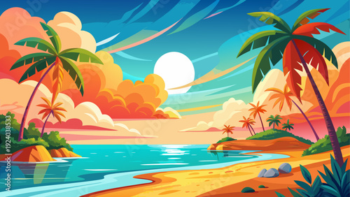 Tropical beach with palm trees and sunset