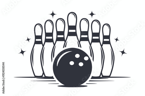 Black and white bowling ball ready to strike five pins arranged neatly