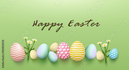 3D vector illustration of Happy Easter greeting card background with colorful patterned eggs and white daisy flowers on green surface. Concept for spring holiday celebration banner template.